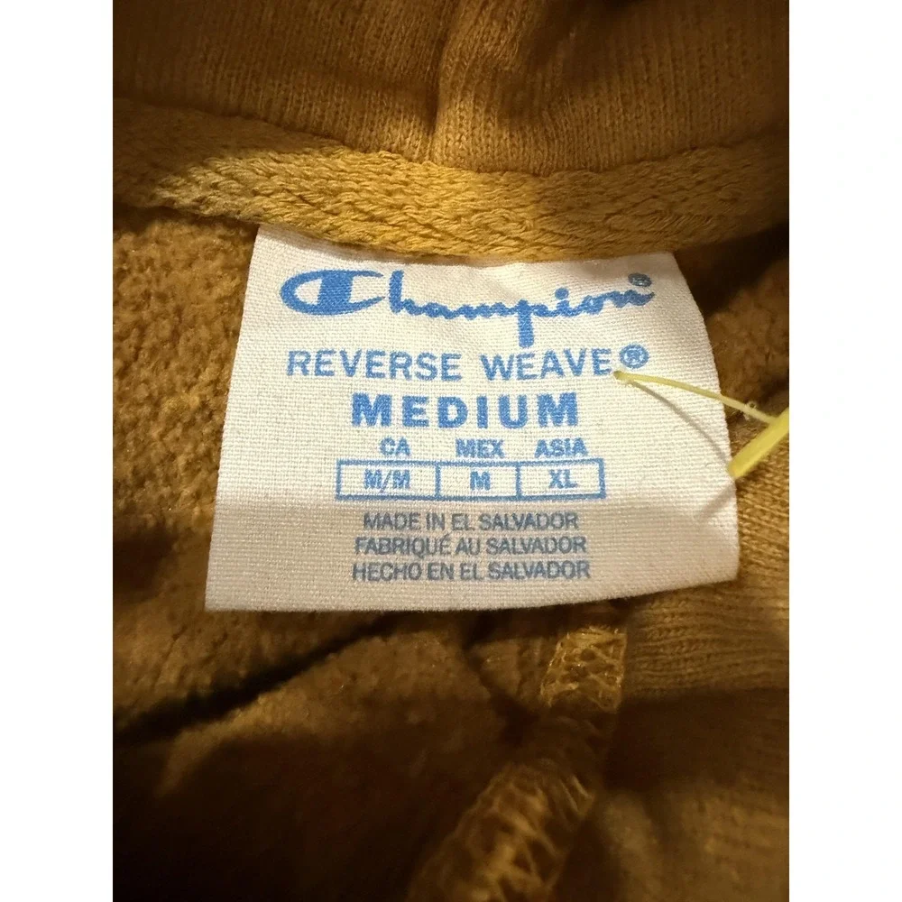 Vintage Champion Reverse Weave Hoodie Mens Med Brown Yellow Pullover Sweatshirt - Picture 4 of 7